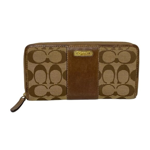 Auth COACH Signature - Khaki Dark Brown Jacquard Leather Long Wallet - Picture 1 of 10